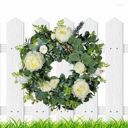 Decorative Flowers Artificial Peony Wreath 20.07in Spring Wreaths For Front Door Outside White And Green Summer Garland Wall