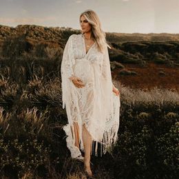 Boho Lace Maternity Photography Props Dresses Free Size Adjustable Pregnancy Photo Shoot Bohemian Long Dress Sides Slit L2405