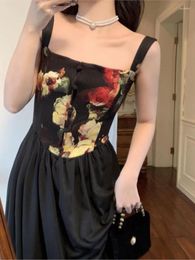 Casual Dresses Black Floral Spaghetti Strap Dress A-Line High Waist Vintage Midi Elegant Summer Vestidos Robes De Cocktail Femmes