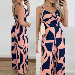 Women's Jumpsuits Rompers Spring Elegant Print Sling Boho Jumpsuit Women Sexy Slash Neck Ruched Straight Playsuit Summer Backless Wide Leg Romper Overalls Y240521