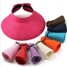 Berets Women Sun Visor Hat Fashion Summer Large Brim UV Protection Roll Up Beach Straw Hats With Bow Female Caps