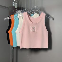 Women rhinestone logo letter relief pattern designer candy mint color knitted vest crop top tanks