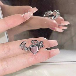 Cluster Rings 2024 Pink Crystal Irregular Heart Vintage Zircon Opal Love Open Ring Y2K Shiny For Women Party Jewelry Gift