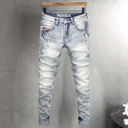 Men's Pants Fashion designer mens jeans retro light blue elastic slim fit cardigan jeans mens embroidered retro jeans Hombre J240510