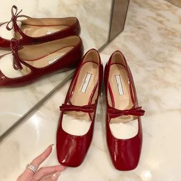 2024 Bowknot Mary Jane Shoes Women Square Toe Glossy Leather Flats Female Red Dance Ballets Party Ball Bridal Wedding Shoes 240520