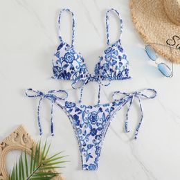 Women's Swimwear Small Fresh Floral Swimsuit Ladies Sexy Lace-up Bikini Beach Triangle Split Maillot De Bain Femme 2 Pieces