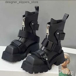 Boots Genuine leather boots for womens 2024 tube platform boots with buckle design cool cyclist Botas square thick sole ankle boots Q240521