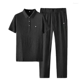 Men's Tracksuits Foreign Trade 2024 Summer Thin Ice Silk Short Sleeved Set For Casual Lapel T-shirt Cropped Pants Sports Two-piece