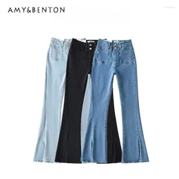 Women's Jeans 2024 Spring And Autumn High Waisted Bootcut Slimming Versatile Pocket Oblique Slit Flared Denim Pants Trousers