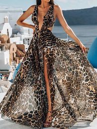 Casual Dresses Party Vacation Leopard Print Maxi Sundress 2024 Deep V-neck Sexy Hollow Out High-waist Fashion Sleeveles Split Women