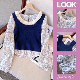 Women's Blouses 2024 Spring Clothing Retro Knitted Vest Short Top French O-Neck Ruffles Printed Chiffon 2 Pcs Set For Women