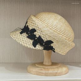 Berets A Unique Japanese Summer Natural Fine Grass Black Embroidered Women's Spaper And Children's Hat With Straw Equestrian