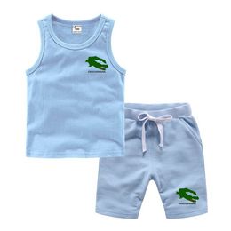 2pcs Modemarke Kinder Kurzarm Shorts Sets Sommer Kinderkleidung Boy Girl Baby 100% Baumwolle T -Shirt Outfits Blue Tracksuits