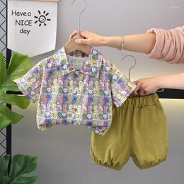 Clothing Sets 2024 Summer Outfits For Baby Boy Clothes 1 To 2 Years Cartoon Printed Turn-down Collar Short Sleeve Shirts And Shorts Kids