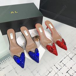 Lüks terlik yüksek topuk terlikleri klasik kristal parlayan yüksek topuk ayakkabıları sivri kalp elbise ayakkabıları şeffaf elmas kadın moda parti ayakkabıları kırmızı
