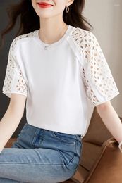 Women's Blouses French White Hollow Short Sleeve T-shirt Women 2024 Summer Pure Cotton Design Sense Crew-neck Top
