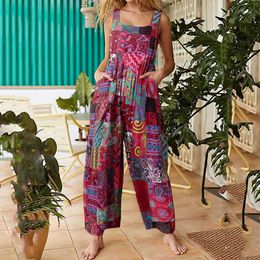 Women's Jumpsuits Rompers womens clothing trend 2024 Womens Fashion Suspender Printed Style Jumpsuit Ethnic Patchwork Buttons Vintage full jumpsuit woman Y240521