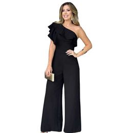 Women's Jumpsuits Rompers Women Streamer Spicing Wrap One Shoulder Wide Leg Straight Jumpsuit Spring Sexy Party Evening INS Playsuit One Piece Suit Romper Y240521