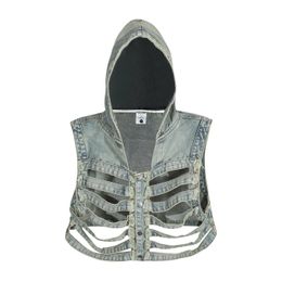 Hollowed Out Skeleton Hooded Denim Vest for Mens Distressed Shoulder Cuff Trendy Vintage Washed Ripped Sleeveless Denim Jackets 240516