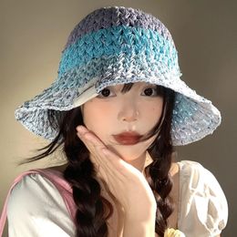 Ins Sweet Gradual Change Colour Woven Straw Hats for Women Summer French Elegant Seaside Vacation Big Brim Sunscreen Bucket Cap 240521