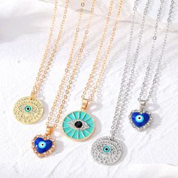 Pendant Necklaces Geometric Round Heart Enamel Turkish Blue Eye Necklace For Women Rhinestone Evil Eyes Choker Drop Delivery Dhgarden Dhz4J