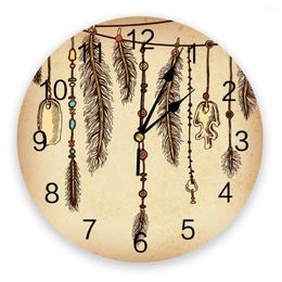 Wall Clocks Feather Tribal Culture Lines Retro Creative Clock For Home Office Decoration Living Room Bedroom Kids Hanging Watch