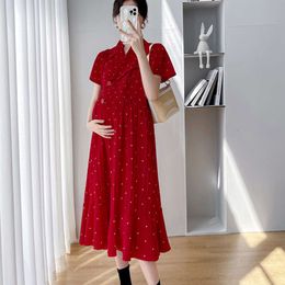 Maternity Summer Korean Polka Dot Short Sleeve Matching High Waist Stylish Dress for Pregnant Women Pregnancy Clothes L2405