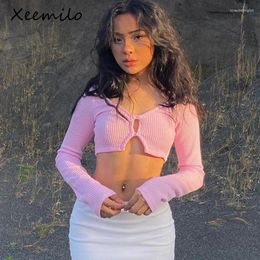 Women's T Shirts Xeemilo Y2K Pink Ribbed Knit Crop Top French Gentle Long Sleeves Cardigan Shirt Sexy High-waist Exposed Navel Women Slim