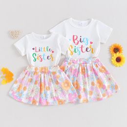 Clothing Sets Pudcoco Toddler Girl Sister Matching Outfit Letter Print Crew Neck Short Sleeve T-Shirts Tops Flower Skirts 2Pcs Clothes Set