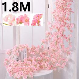 Decorative Flowers Artificial Cherry Blossom Vine 5.9ft Silk Flower Garland Fake Hanging For Home Wedding Wall Garden Party Decor