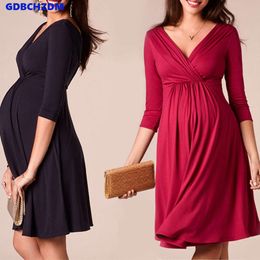 Breastfeeding Maternity Clothes for Pregnant Women Clothing Solid V-Neck Pregnancy Dresses Mother Wear Evening Dress L2405