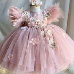 Girls Feather Lolita Princess Dress Childrens Flower Pearl Fluffy Dress Carnival Birthday Performance Clothing 240521
