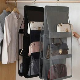 Storage Bags 6 Pockets Clear Hanging Purse Handbag Tote Bag Organiser Closet Rack Saving Space Package Black And White