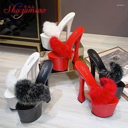 Slippers Sexy PVC Women Furry Red Super High Heel 20CM Platform Shoes Summer Fashion Round Party Sandals Plus Size 43