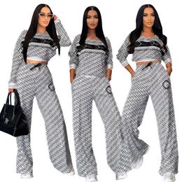 Desiner Cross Border European And American Women's Fashion And Leisure Trendy Thread Set Long Sleeved Loose Wide Leg Pants Two Piece Set 932