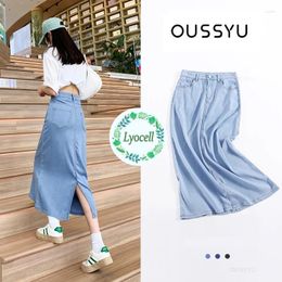 Skirts Summer Soft Lyocell Jeans Skirt Women High Waist Straight Mid Length Denim Forking Womens Y2k Fashion Streetwear