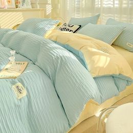 Seersucker Bedding Sets Solid Colour Washed Cotton Microfiber Duvet Cover Flat Sheet Pillowcases Soft 240510
