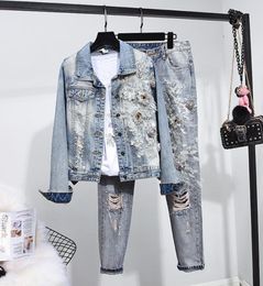 New Autumn Winter tracksuits Jacket Jeans Set Female Beading Embroidery Flower Jean Jackets Coat Long Pants Women Two Piece Outfit1568981