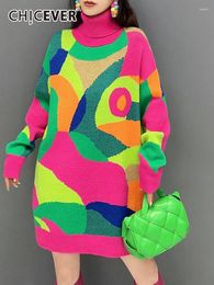 Casual Dresses CHICEVER Printing Loose Knitting For Women Turtleneck Long Sleeve Korean Minimalist Colorblock Mini Dress Female 2024
