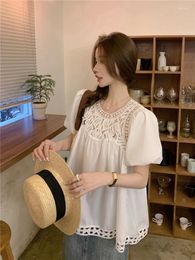 Women's Blouses White French Round Neckline Cut-out Top Summer Loose Puffed Sleeve Short-sleeved Shirt
