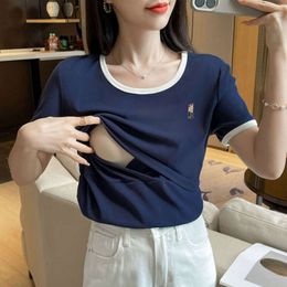 2024 Summer Postpartum Women's Breastfeeding T-shirt Short Sleeved Round Neck Maternity Nursing Tees Slim Lady Lactation Tops L2405