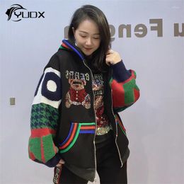 Women's Jackets YUDX Spring Women Knitted Cardigans Coat Colour Block Long Sleeve Hooded Top Cute Bear Drilling Loose Female Jacket Tide