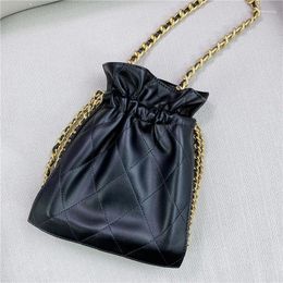 Shoulder Bags Women Real Leather Messenger Bag Rhombus Drawstring Handbag Lady Small Mini Bucket Black Coin Purse