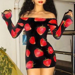 Casual Dresses OMSJ Sexy Strawberry Printed Off Shoulder Mini Dress Fashion Long Sleeve Skinny Autumn Midnight Club Vestidos Streetwear