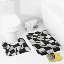 Bath Mats Bathroom Rugs Sets 2 Piece Black White Chequered Flags Absorbent U-Shaped Contour Toilet Rug