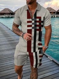 Summer Trend Plaid Stripes Print Mens Tracksuit Casual Zipper Collar Polo Shirt And Shorts 2pcs Sets Man Clothing Streetwear 240518