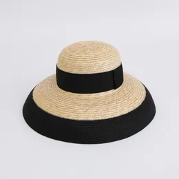 Wide Brim Hats Korean Designer Color Blocking Large French Vintage Hepburn Straw Hat Women Elegant Summer Vacation Fashion Sunshade
