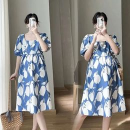 Fashionable Clothes Sleeve Square Collar Printed Loose-fit Summer Internet Celebrity Maternity Dress L2405