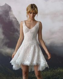 Short Wedding Dresses 2024 Bride V Neck Button Lace A Line Boho Beach Bridal Gowns Sleeveless Custom Made Vestidos De Novia