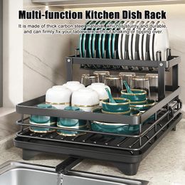 Kitchen Storage Multifunctional Dish Drying Rack Adjustable Plates Organizer With Drainboard Over Sink Countertop Cutlery Holder